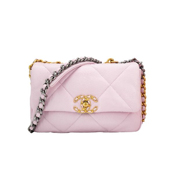 圖片 Chanel 展示品 19 菱格亮面小羊皮三色鍊手提斜背包-26cm(AS1160-粉)