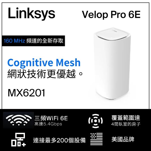 圖片 Linksys Velop Pro AXE5400 單入組 (WiFi 6E 三頻/Mesh/隱藏天線/2*Gigabit埠/高通)