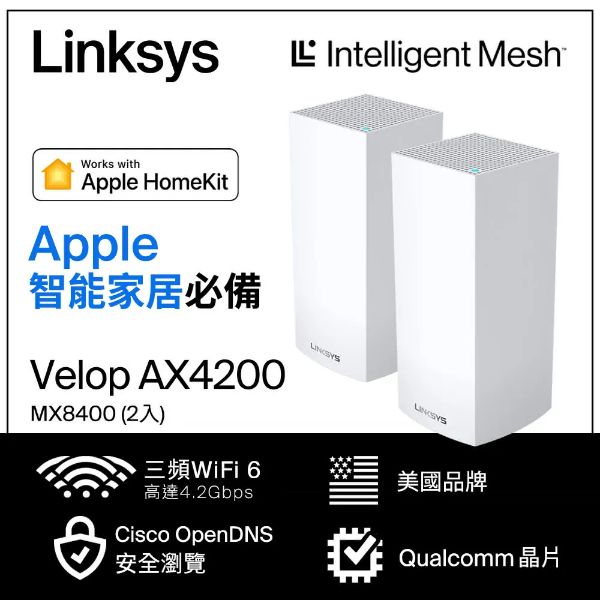 圖片 Linksys Velop AX4200 兩入組 (三頻/Mesh/隱藏7天線/3*Gigabit埠/高通/支援HomeKit)