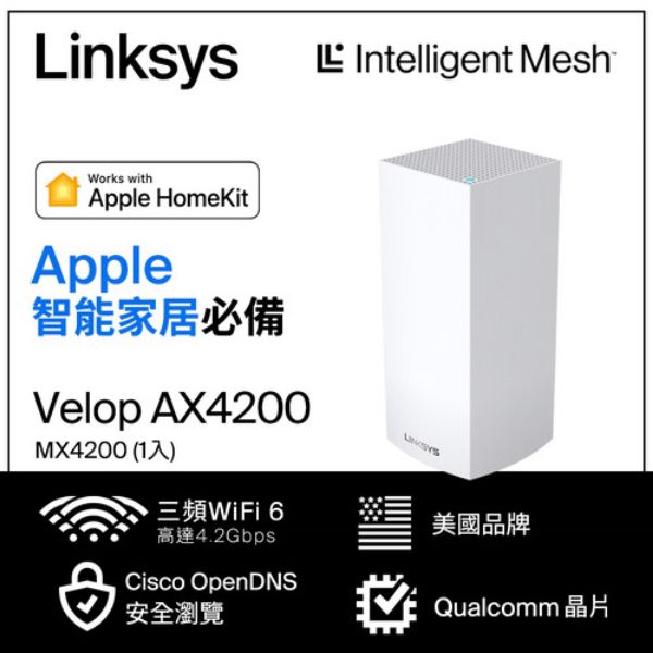 圖片 Linksys Velop AX4200 單入組 (三頻/Mesh/隱藏7天線/3*Gigabit埠/高通/支援HomeKit)