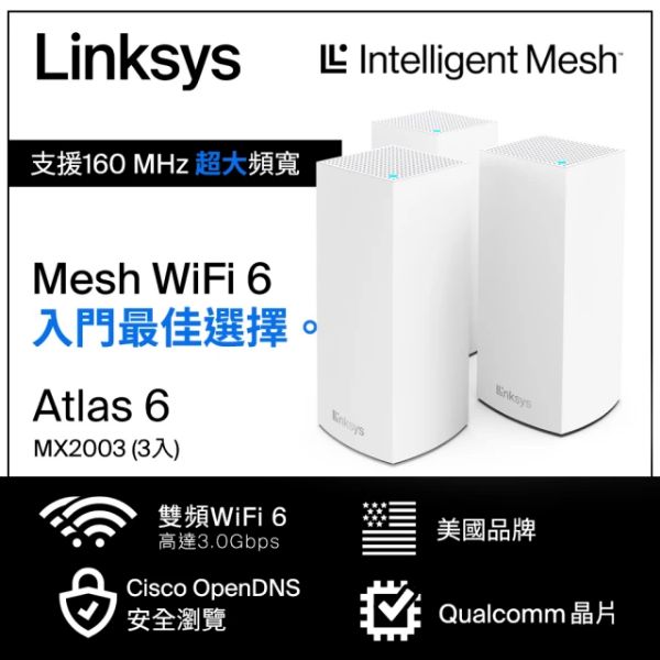 圖片 Linksys Atlas 6 Hero AX3000 三入組 (雙頻/Mesh/隱藏3天線/3*Gigabit埠/高通雙核心)