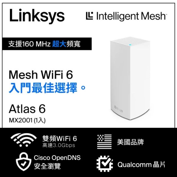 圖片 Linksys Atlas 6 Hero AX3000 單入組 (雙頻/Mesh/隱藏3天線/3*Gigabit埠/高通雙核心)