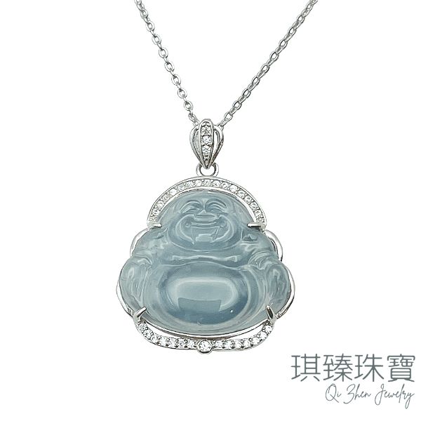 圖片 【琪臻珠寶】天然A貨翡翠冰種藍水招財佛公吊墜(S925銀鑲_招財彌勒佛_隨機出貨)
