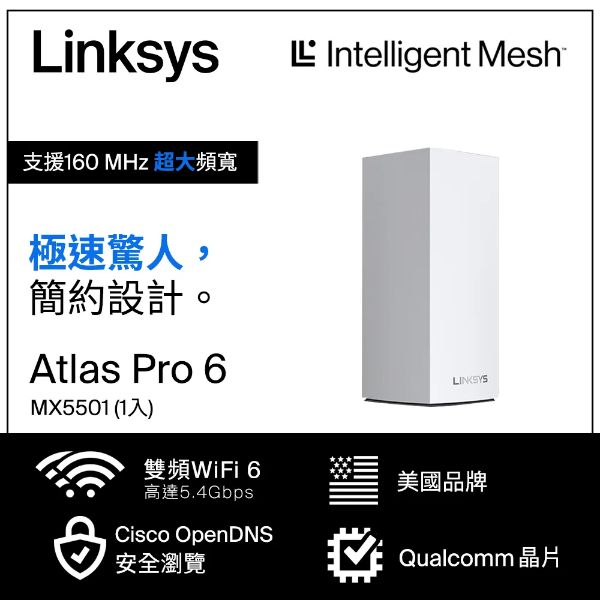 圖片 Linksys Atlas 6 PRO AX5400 單入組 (雙頻/Mesh/隱藏5天線/3*Gigabit埠/高通雙核心)