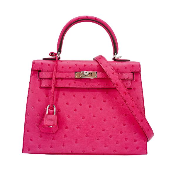 圖片 Hermes 展示品 Kelly 25 鴕鳥皮銀釦手提肩背包(糖果粉)