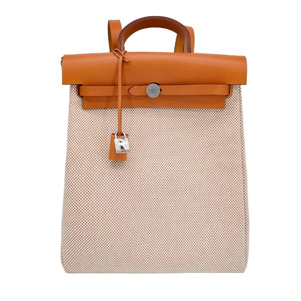 圖片 Hermes 展示品 Herbag 帆布拚牛皮銀釦後背包(金棕/米白)
