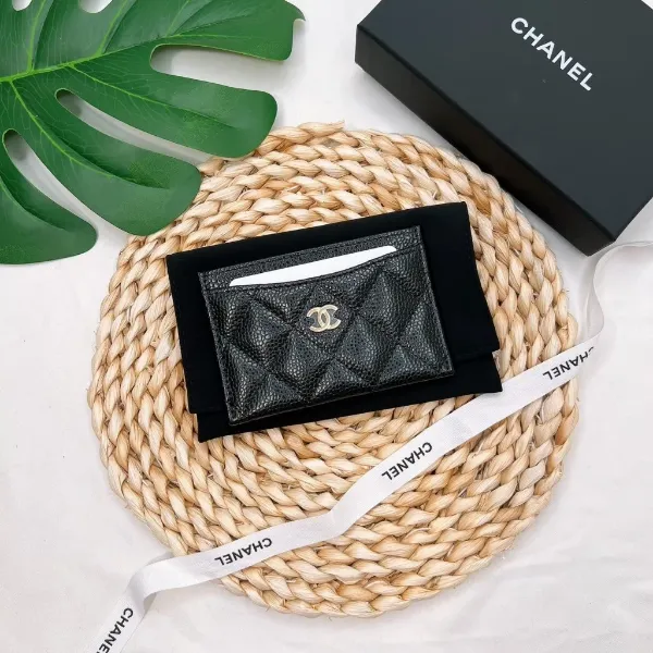 圖片 Chanel 經典 粒紋小牛皮 黑金 卡片夾
