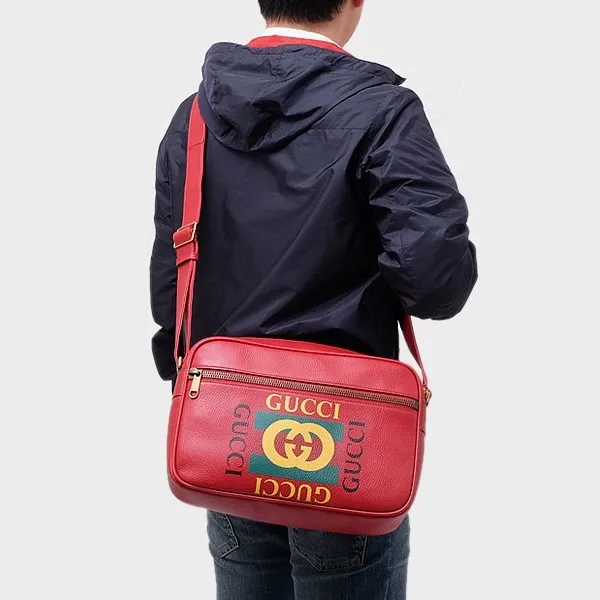 圖片 Gucci 523589 Logo 圖紋奶油軟牛皮休閒郵差斜背包 紅色