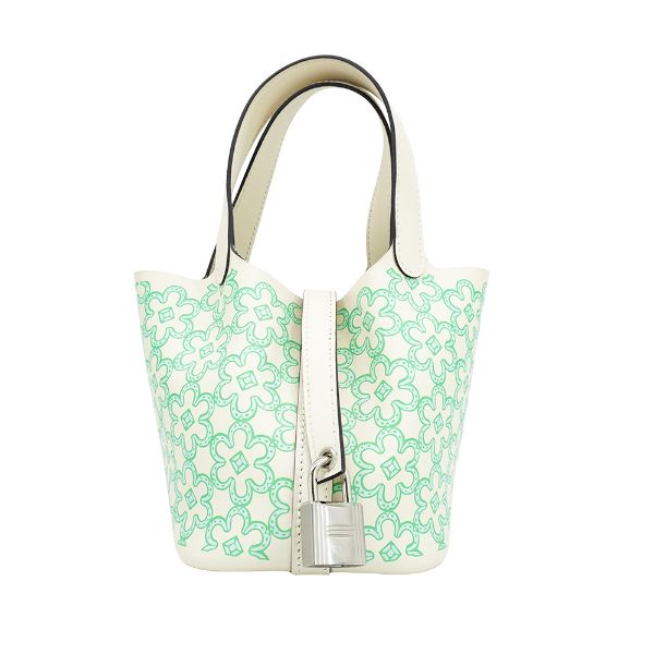 圖片 Hermes Picotin Lock Lucky Daisy 花卉印花牛皮迷你手提包-14cm(奶油色/綠)