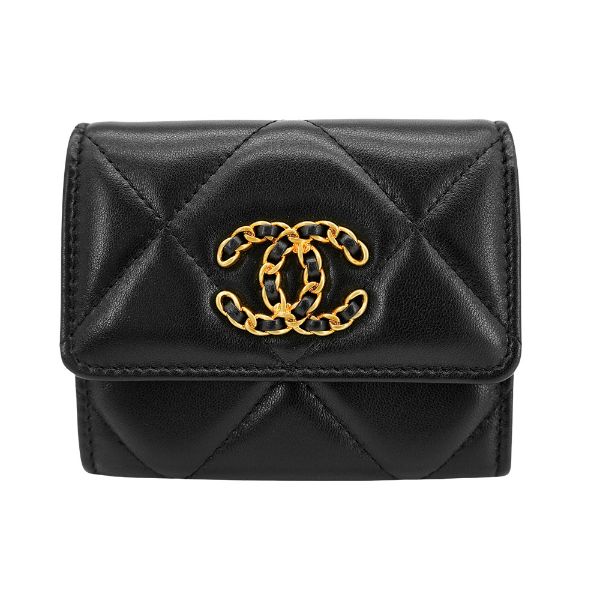 圖片 Chanel 展示品 19 菱格羊皮簍空金雙C雙層卡片/零錢包(AP1180-黑)