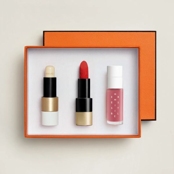 圖片 Hermès 愛馬仕彩妝 Rouge唇膏三入禮盒 護唇膏#透明/限量唇膏霧面#75/唇油#05 - 精選禮盒/專櫃緞帶包裝