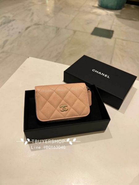 圖片 Chanel cf 深藍/裸粉色 金扣 荔枝皮 拉鍊錢包/卡包
