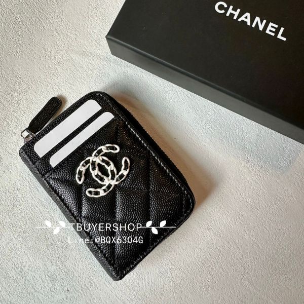 圖片 Chanel 黑白 荔枝皮 大雙c 多層拉鍊卡包/錢包