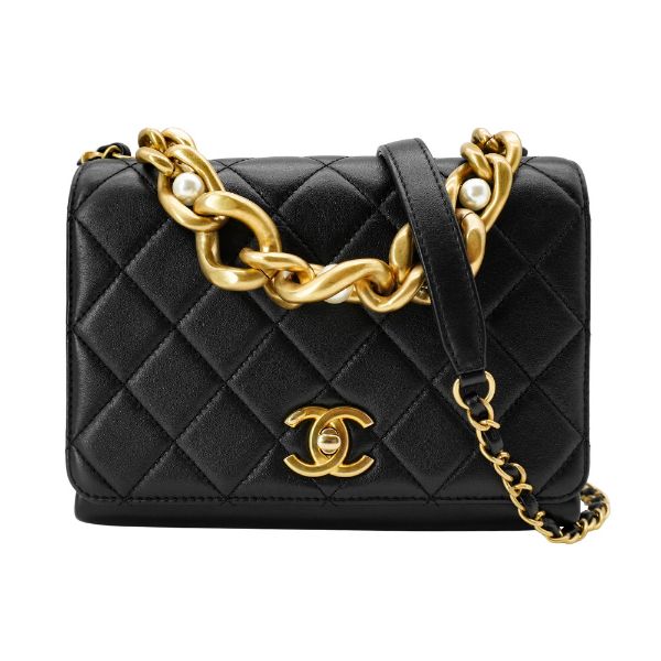 圖片 Chanel 展示品 菱格羊皮復古金鍊珍珠把手二用包-20cm (AP2639-黑)