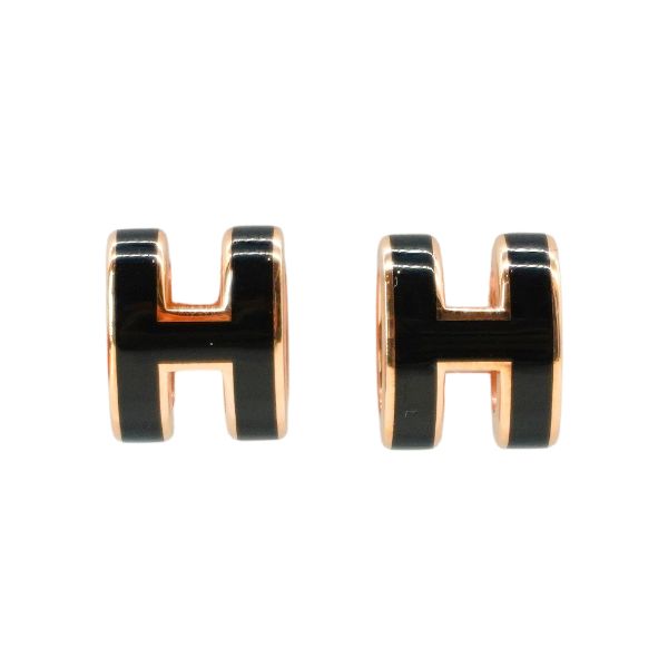 圖片 Hermes Pop H 立體簍空橢圓logo耳環-mini(黑/玫瑰金)