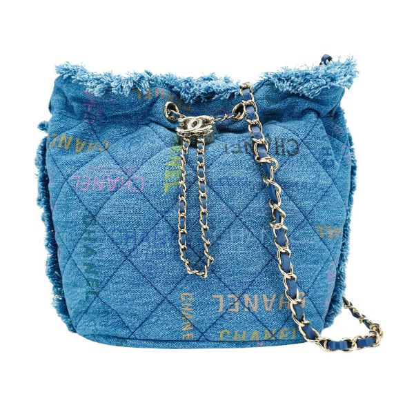 圖片 Chanel 牛仔布淡金釦斜背水桶包(AS3027-牛仔藍)