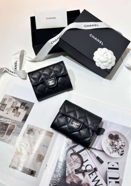 圖片 Chanel 經典荔枝牛皮黑金雙層卡包