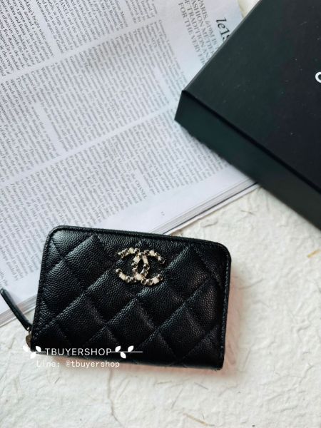 圖片 Chanel 23k 珍珠大雙c 黑金 荔枝皮 大號 拉鍊錢包/卡包