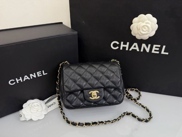 圖片 「M.Y精品」香奈兒 Chanel 荔枝皮 方胖 小方胖 cf17 coco17 黑金 口蓋鍊帶包