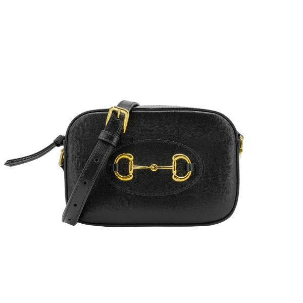 圖片 Gucci 展示品 1955 Horsebit 牛皮馬銜釦金拉鍊斜背相機包(760196-黑)