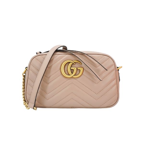 圖片 Gucci GG Marmont 仿舊金雙G牛皮拉鍊斜肩背包-24cm(447632-奶茶色)