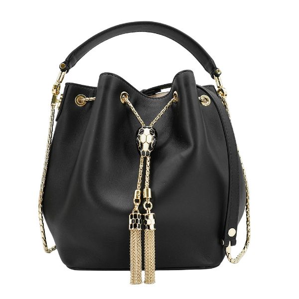 圖片 Bvlgari Serpenti Forever 牛皮琺瑯蛇頭二用水桶包(288625-黑/米)