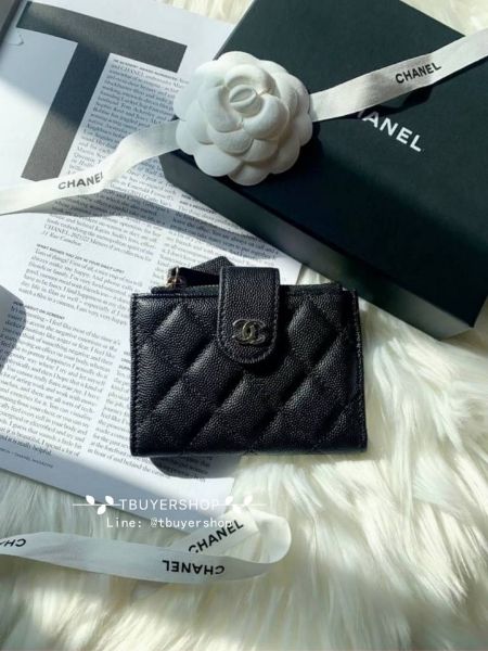 圖片 Chanel cf 黑金 荔枝皮 雙拉鍊 對折錢包/卡包