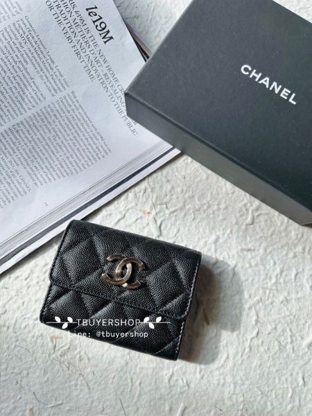 圖片 Chanel 限量大雙c絲巾卡包 黑淡金 荔枝皮 鈔票可對折放