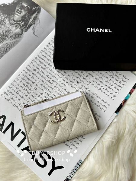 圖片 Chanel 24s 鴛鴦扣 大雙c 淺灰 荔枝皮 L拉鍊錢包/卡包