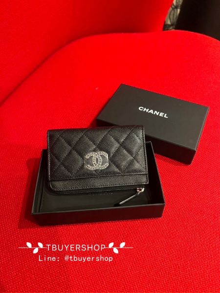 圖片 Chanel 24p 黑銀 字母logo 荔枝皮 絲巾大雙c L錢包/卡包