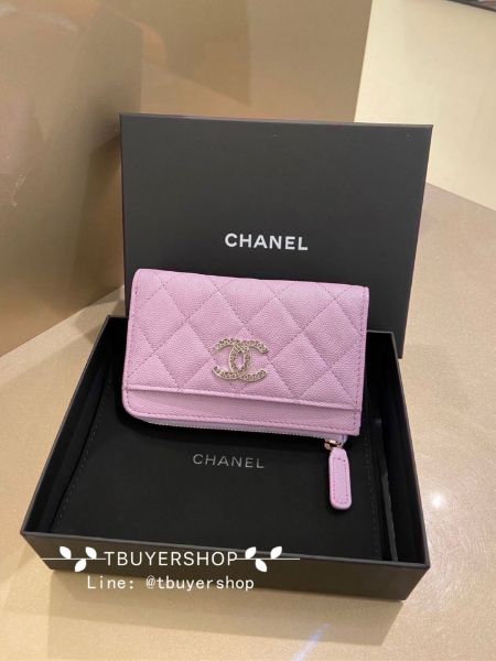 圖片 Chanel 24p 薰衣草紫銀 荔枝皮 coco字母logo 絲巾內裏L拉鍊錢包/卡包
