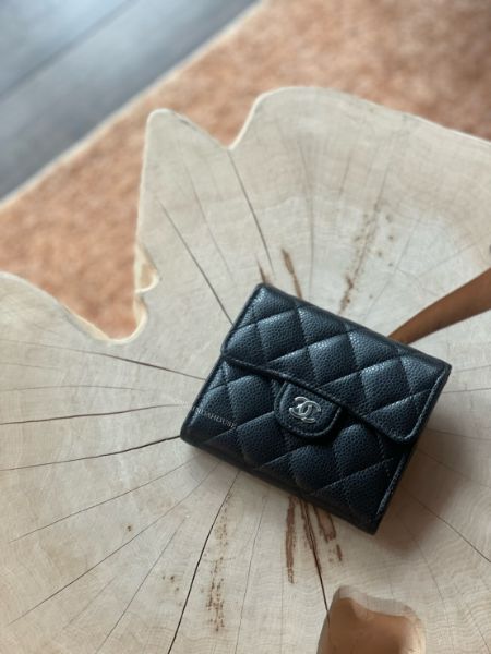 圖片 CHANEL荔枝牛皮三折短夾 黑銀