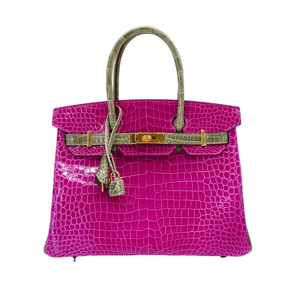 圖片 Hermes 展示品 Birkin 鱷魚皮金釦手提鉑金包-30cm(C刻/桃紅/灰)
