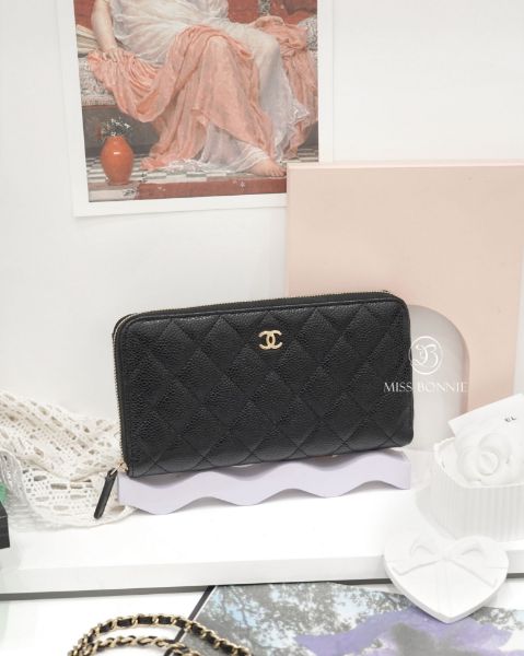 圖片 CHANEL Coco菱格紋荔枝牛皮拉鍊長夾-黑色金釦(預購)
