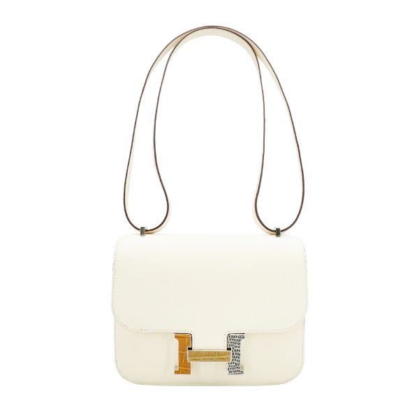 圖片 Hermes Constance Mini Epsom牛皮三拼特殊皮銀釦斜背包(Nata奶油白)