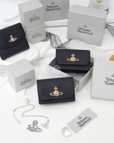 圖片 Vivienne Westwood  土星立體淡金釦LOGO十字紋厚卡包-黑色