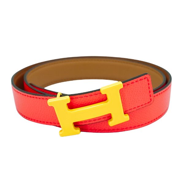 圖片 Hermes 展示品 牛皮螢光黃H釦雙面皮帶-75cm(奶茶色/玫瑰粉)