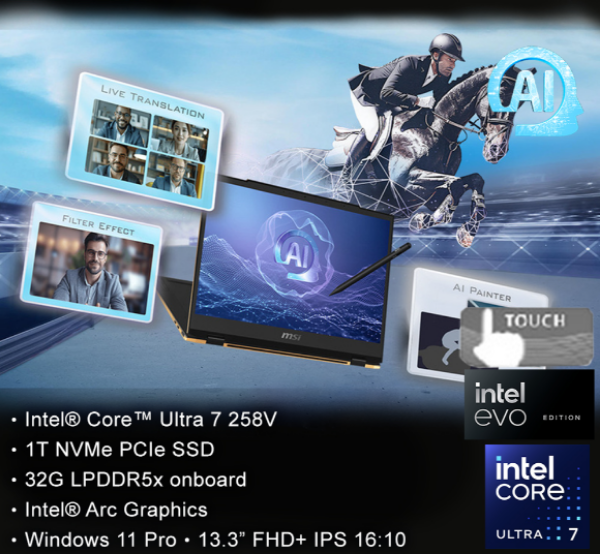 圖片 TOP24 MSI 微星Summit E13 AI+ Evo 13.3吋 輕薄AI翻轉筆電黑色 (Ultra7 258V/32GB/1TB/WIN11PRO/A2VMTG-006TW)