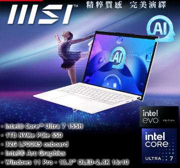 圖片 TOP28 MSI Prestige 13 Evo 13.3吋AI輕薄OLED筆電白(Ultra 7 155H/32G/1T/WIN11PRO/A1MG-210TW)