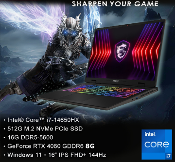 圖片 TOP29 MSI 微星Sword 16 HX 16吋 電競筆電黑色(i7-14650HX/16GB/512GB/RTX4060-8G/WIN11/B14VFKG-485TW)