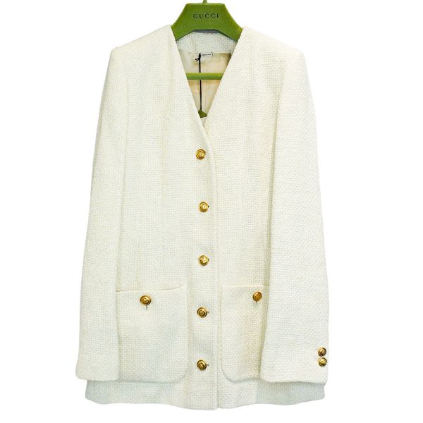 圖片 Gucci 粗毛呢金釦V領外套(674332-米白)