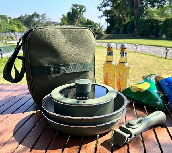 圖片 仙德曼-輕量日本Daikin (6件露營鍋具組) —24cm不沾鍋 可拆卸把手 附方形收納袋-黑色