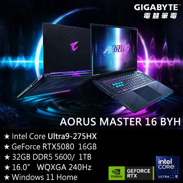 圖片 技嘉 AORUS MASTER 16 Ultra 9-275HX/RTX5070Ti/32G/1T/16吋 黑 BXHC4TWE64SH