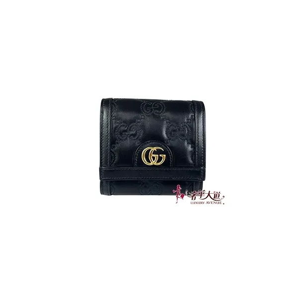 圖片 ＊奢華大道國際精品＊【G1675】GUCCI 黑色牛皮GG縫線三折釦式短夾 723799