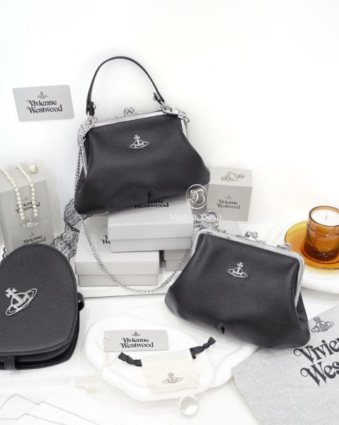 圖片 Vivienne Westwood 經典荔枝紋口金鏈包/黑色銀釦