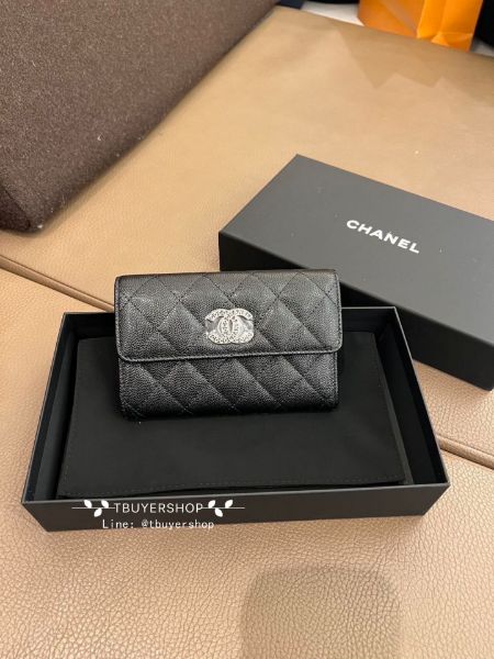 圖片 Chanel 24p 黑銀 荔枝皮 大雙c 字母logo 三折中夾