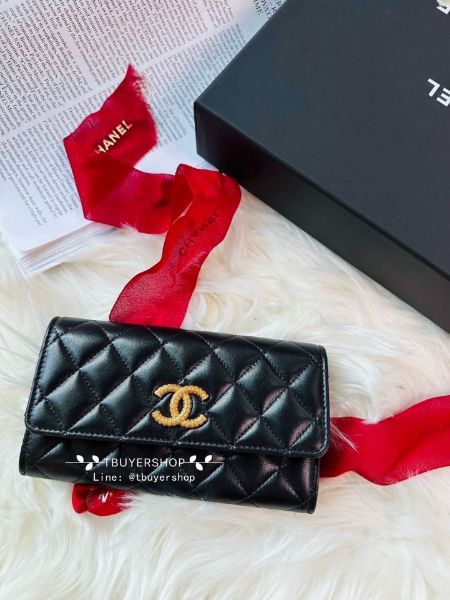 圖片 Chanel 黑金 油蠟皮 大雙c 信封中夾 超級美