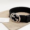 圖片 美國百分百【全新真品】Gucci 皮帶 Interlocking G搭扣 寬身 牛皮 歐洲精品 配件 壓紋印花 銀扣 黑色 CZ86