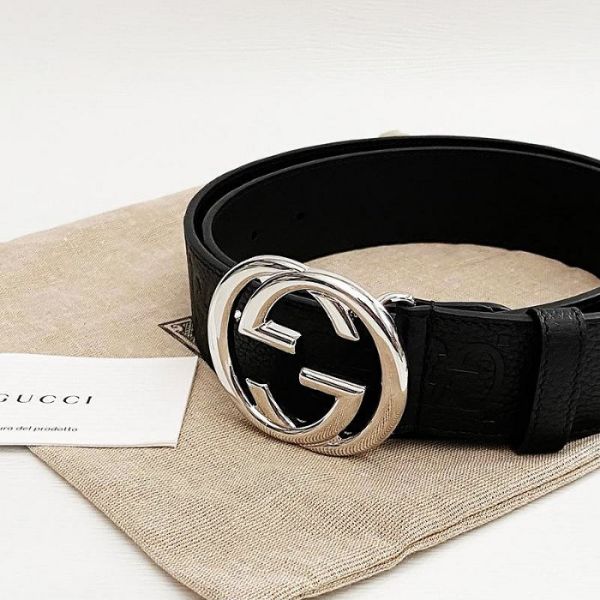圖片 美國百分百【全新真品】Gucci 皮帶 Interlocking G搭扣 寬身 牛皮 歐洲精品 配件 壓紋印花 銀扣 黑色 CZ86