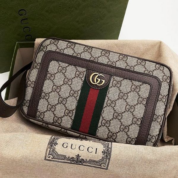 圖片 美國百分百【全新真品】Gucci 皮包 手拿包 GG 綠紅織帶 隨身包 歐洲精品 經典 logo印花 咖啡 CZ34